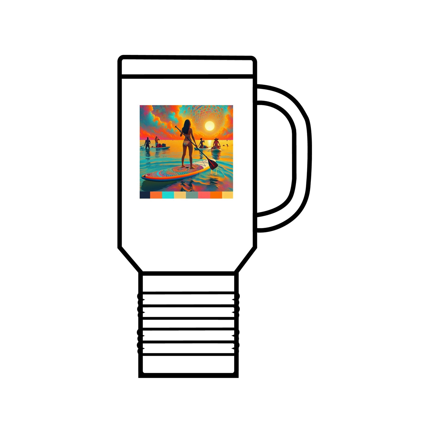 Luxury Fantasy Paddleboarding Insulated Stainless Steel Travel Mug featuring a vibrant graphic of a paddleboarder against a stunning sunset, perfect for outdoor adventures and stylish hydration.