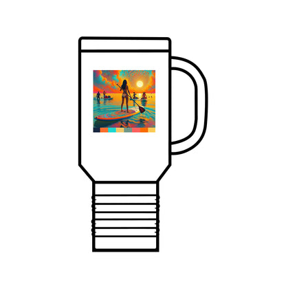 Luxury Fantasy Paddleboarding Insulated Stainless Steel Travel Mug featuring a vibrant graphic of a paddleboarder against a stunning sunset, perfect for outdoor adventures and stylish hydration.