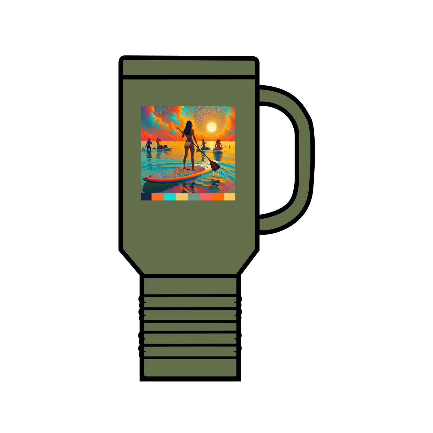 Chic Fantasy Paddleboarding Insulated Stainless Steel Travel Mug 40oz in olive green showcasing a stunning paddleboarding scene, designed for enthusiasts of the great outdoors.