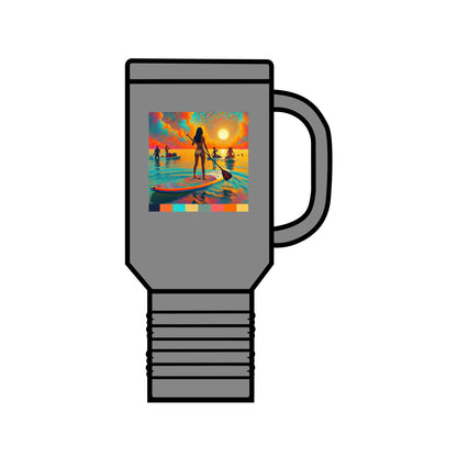 Luxury Fantasy Paddleboarding Insulated Stainless Steel Travel Mug 40oz in grey with vibrant paddleboarding design, ideal for outdoor adventures.