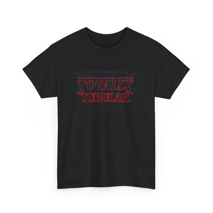 Stranger Things Unisex Funny T Shirt featuring 'TOTALLY TUBULAR' graphic design, perfect for fans of retro style and '80s nostalgia.