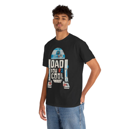 Model wearing the Star Wars R2D2 DAD Graphic T-Shirt, highlighting its unique design and comfortable fit, ideal for casual outings or special occasions.