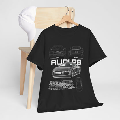 Sophisticated Audi R8 Blueprint Tee on a chair, featuring luxurious design elements and informative text celebrating Audi's racing history and craftsmanship.