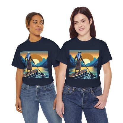 Lifestyle image of a model wearing the Delightful Paddle Board T-Shirt by Dazzling Dreams Studio, perfect for outdoor adventures and water sports enthusiasts.