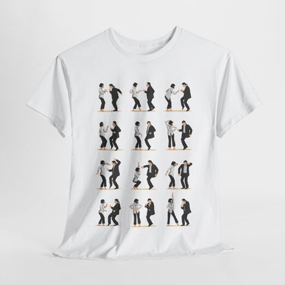 Elegant graphic t-shirt featuring a stylish collage of iconic dance poses from Pulp Fiction, ideal for men's and women's casual wear, perfect for fashion-forward individuals who appreciate cinema nostalgia.