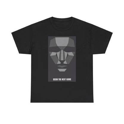 Stylish black graphic t-shirt featuring a geometric face design with the text 'BEGIN THE NEXT GAME', perfect for fans of Squid Game.