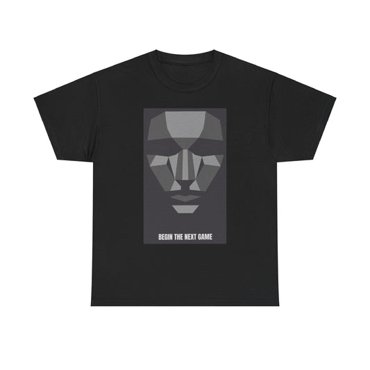 Stylish black graphic t-shirt featuring a geometric face design with the text 'BEGIN THE NEXT GAME', perfect for fans of Squid Game.