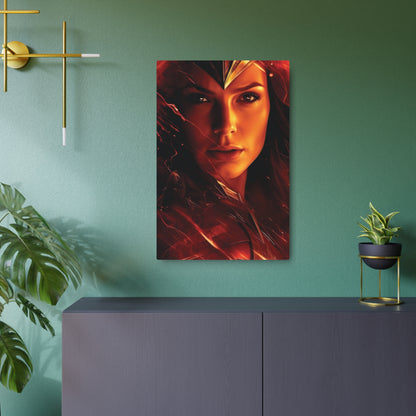 Wonder Woman Metal Art Poster elegantly positioned in a stylish green-themed interior, illustrating strength and courage through eye-catching artwork, ideal for discerning collectors.