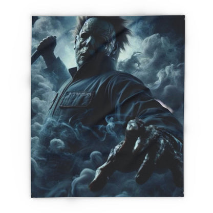 Halloween Spooky Jason Voorhees Arctic Fleece Blanket displaying a chilling presence in a dramatic mist, ideal for a stylish and cozy atmosphere during the Halloween season.