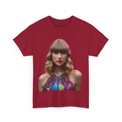 Swifties psychedelic Taylor Swift Heavy Cotton Tee in red with a stunning graphic of Taylor Swift, an exquisite addition to any fan's wardrobe.