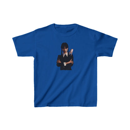 Childs Wednesday with Thing Unisex Graphic Tee Shirt Kids in royal blue showcasing a chic image of Wednesday Addams accompanied by her friend Thing, ideal for unique fashion.