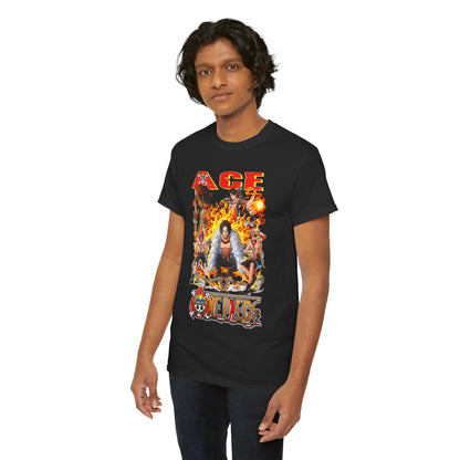 Male model elegantly presenting a luxurious black t-shirt featuring an eye-catching Ace graphic from One Piece, embodying anime-inspired fashion.