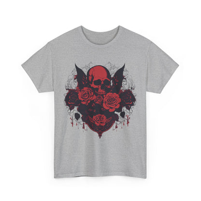 Front view of the grey Skulls and Roses Cotton Tee featuring a bold skull and rose graphic, blending casual comfort with luxurious style.