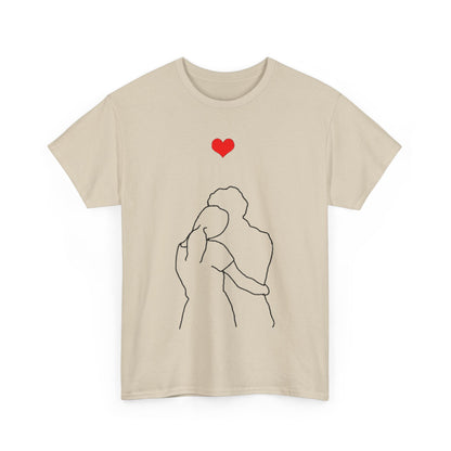 Valentines Day Lovers Gift Mens Womens Graphic T-Shirt featuring an artistic black line drawing of a couple's hug with a striking red heart above, perfect for celebrating love in sophisticated style.