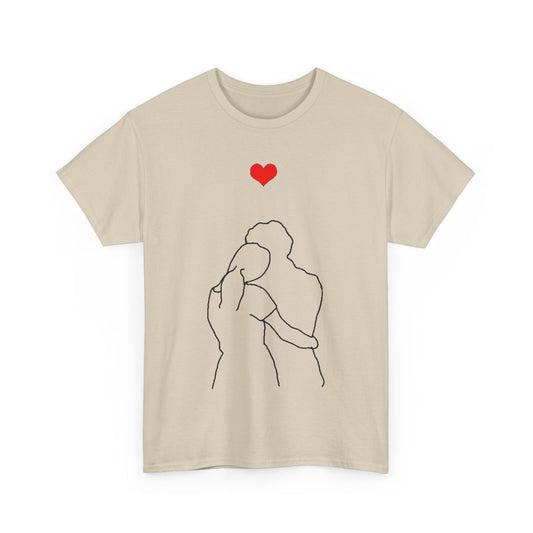 Valentines Day Lovers Gift Mens Womens Graphic T-Shirt featuring an artistic black line drawing of a couple's hug with a striking red heart above, perfect for celebrating love in sophisticated style.