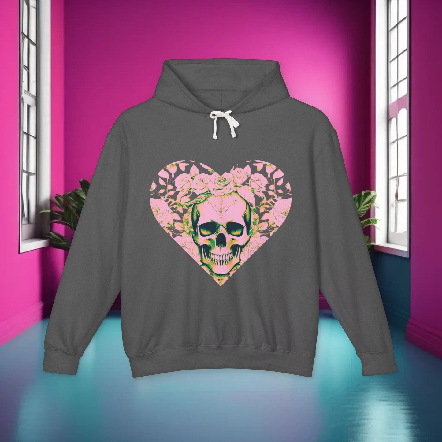 Skull and Roses Lightweight Hoodie, Unisex Edgy Designer Sweatshirt, Hipster