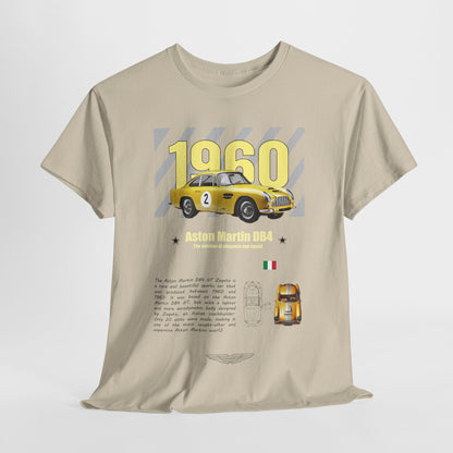 Luxury men's t-shirt featuring a vintage Aston Martin DB4 GT Zagato design, with a vibrant yellow sports car graphic, bold '1960' print, and sophisticated detailing, perfect for automotive enthusiasts.