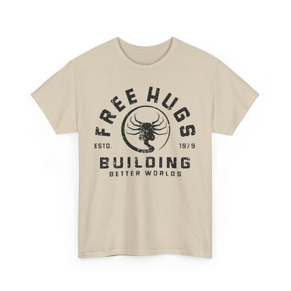 A luxurious beige men's t-shirt featuring the 'Free Hugs' design in elegant black print, perfect for a unique fashion statement.