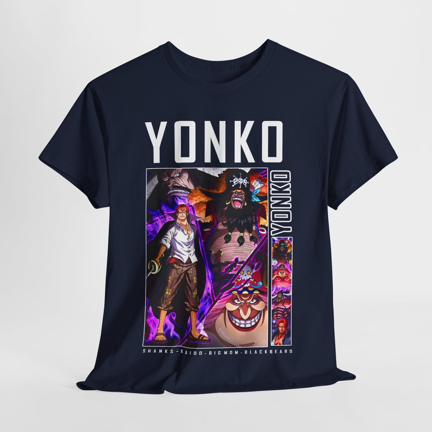 Stylish navy men's t-shirt on a mannequin, decorated with an eye-catching One Piece design featuring popular characters, perfect for making a fashionable statement.