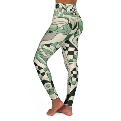 Close-up of Dazzling Dreams Studio's pastel green high-waisted fantasy leggings displaying intricate checkerboard and organic print designs.