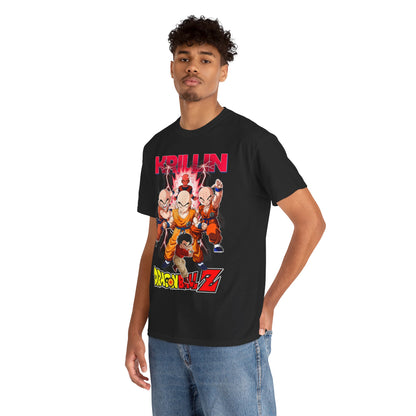 Fashionable male model elegantly wearing a black Dragon Ball Z T-shirt, featuring Krillin and vibrant energy designs, styled with casual denim, exuding a trendy urban vibe.