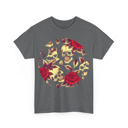 Sophisticated Skulls and Roses Cotton Tee in grey, featuring an artistic design of skulls and roses, perfect for anyone seeking distinctive, edgy fashion.