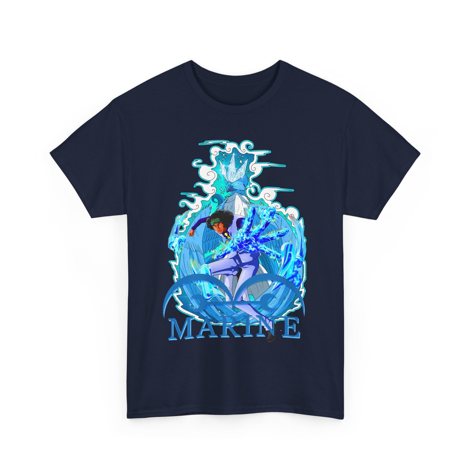 Luxurious navy variant of the men's t-shirt featuring an exquisite marine anime design, embellished with vibrant athletic colours and the 'MARINE' title, perfect for stylish anime aficionados.