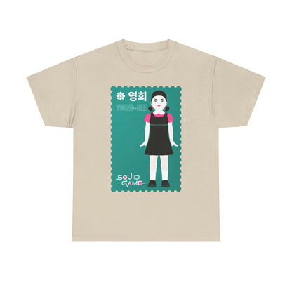Elegant unisex tee showcasing the iconic Young-Hee character from Squid Game, crafted for stylish statement wear.