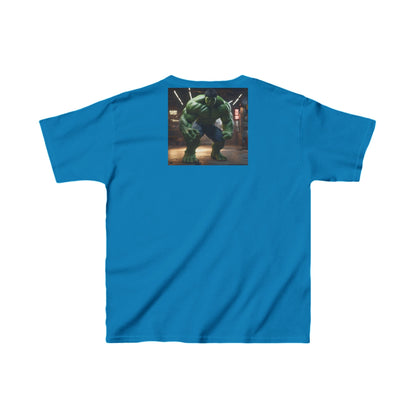 Kids Incredible Hulk Heavy Duty T-Shirt in bright blue with a striking Hulk image on the back, designed for durability and comfort for young fans.