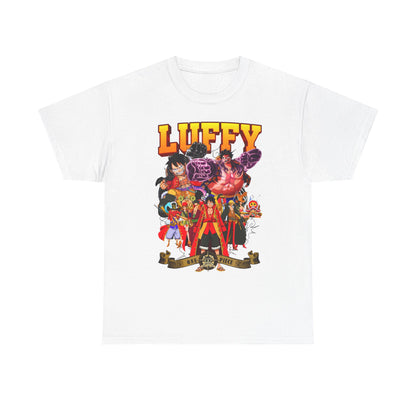 Elegant white t-shirt showcasing a vibrant design of Luffy and the One Piece crew, perfect for making a bold fashion statement.