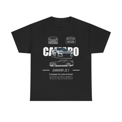 Stylish black Mens Camaro ZL1 T-Shirt with a striking graphic display of the Camaro's silhouette, ideal for showcasing a passion for luxury performance vehicles.