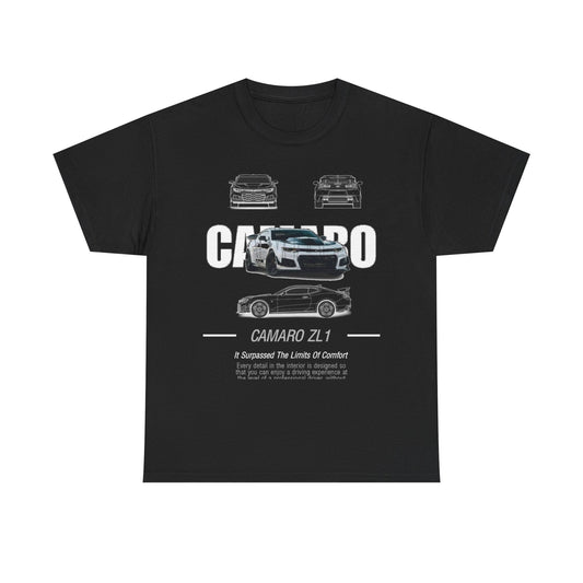 Stylish black Mens Camaro ZL1 T-Shirt with a striking graphic display of the Camaro's silhouette, ideal for showcasing a passion for luxury performance vehicles.