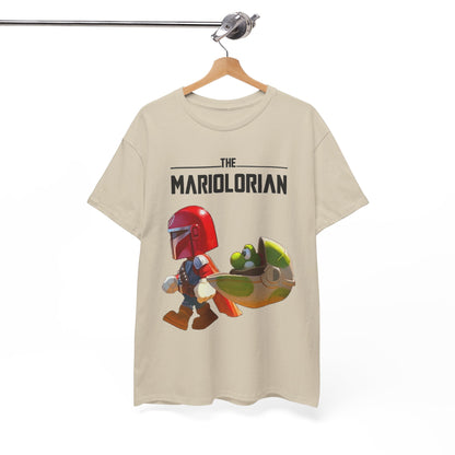 Elegant 'Mariolorian' graphic t-shirt displayed on a hanger, featuring a striking design of a helmeted character and playful imagery, perfect for those who appreciate artful fashion.