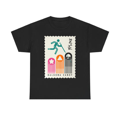 Sleek black unisex t-shirt displaying an artistic Dalgona candy theme, with bold colours and a contemporary design for a chic urban aesthetic.