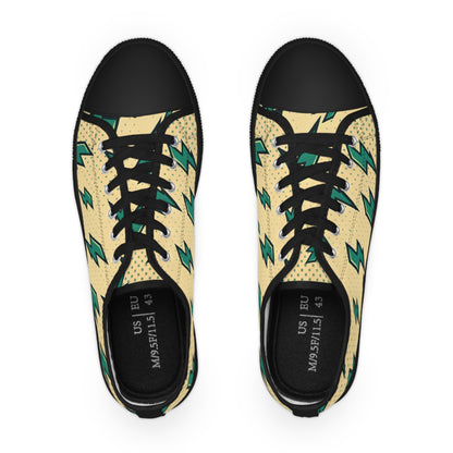 Electra Boltstrom Pop Art Men's Lowtop Sneakers in beige with striking green lightning bolt design by Dazzling Dreams Studio.