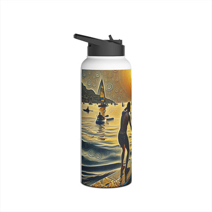 Fantasy Paddleboarding Stainless Steel Water Bottle featuring a stunning illustration of paddlers surrounded by shimmering water, a luxurious choice for outdoor enthusiasts.