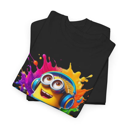 Folded black T-shirts showcasing a whimsical Minion design bursting with colour, perfect for fans of playful art and unique fashion.