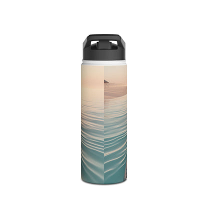 Fantasy Paddleboarding Stainless Steel Water Bottle featuring serene reflections of sandy beaches and gentle waves, epitomising elegance.