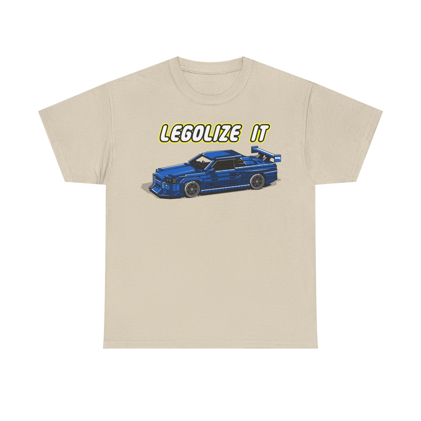 Chic beige men's t-shirt showcasing a unique pixelated blue sports car illustration alongside the phrase 'LEGALIZE IT' in vibrant yellow font. A perfect blend of nostalgia and contemporary style.