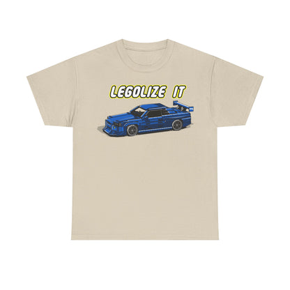 Chic beige men's t-shirt showcasing a unique pixelated blue sports car illustration alongside the phrase 'LEGALIZE IT' in vibrant yellow font. A perfect blend of nostalgia and contemporary style.