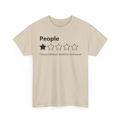 Classic beige T-shirt displaying prominent 'People' print with a playful five-star review graphic, exuding a blend of humour and elegance.