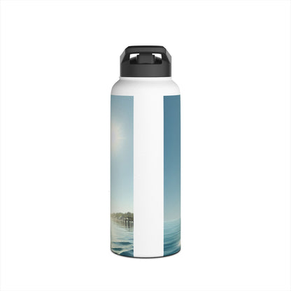Fantasy Paddleboarding Stainless Steel Water Bottle displaying a scenic view of sparkling waters and a distant pier, designed for luxury water sports enthusiasts.