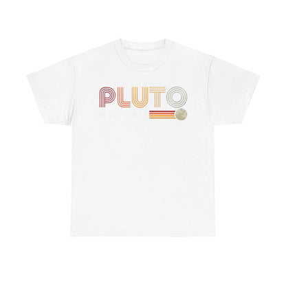 PLUTO Retro Graphic Unisex T-Shirt in Soft Cotton - Celestial Tribute Tee showcasing a charming design with 'PLUTO' and '1930-2006' in vibrant retro hues on a pristine white background.