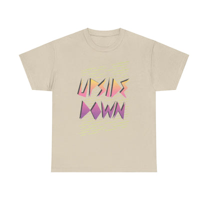 Stylish unisex beige t-shirt showcasing a striking 'UPSIDE DOWN' logo in dynamic colours, ideal for modern urban attire.