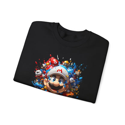 Stylish Computer Game Character Unisex Crewneck Sweatshirt folded neatly, prominently displaying its artistic design against a rich black fabric.