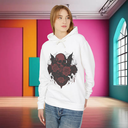 Model displaying the Unisex Lightweight Hooded Sweatshirt in white, adorned with a striking skull and roses design, perfect for a chic outfit.