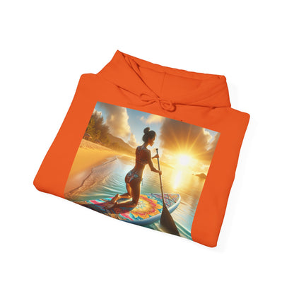 Fantasy Paddleboarding Unisex Hooded Sweatshirt in vibrant orange, featuring a captivating paddleboarding design with a woman on a paddleboard at sunset, perfect for adventure lovers.