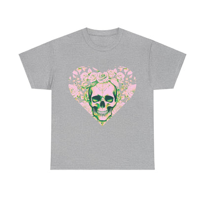 Chic Skulls and Roses Cotton Tee in grey, highlighting a unique skull and floral pattern, embodying a blend of edge and elegance.