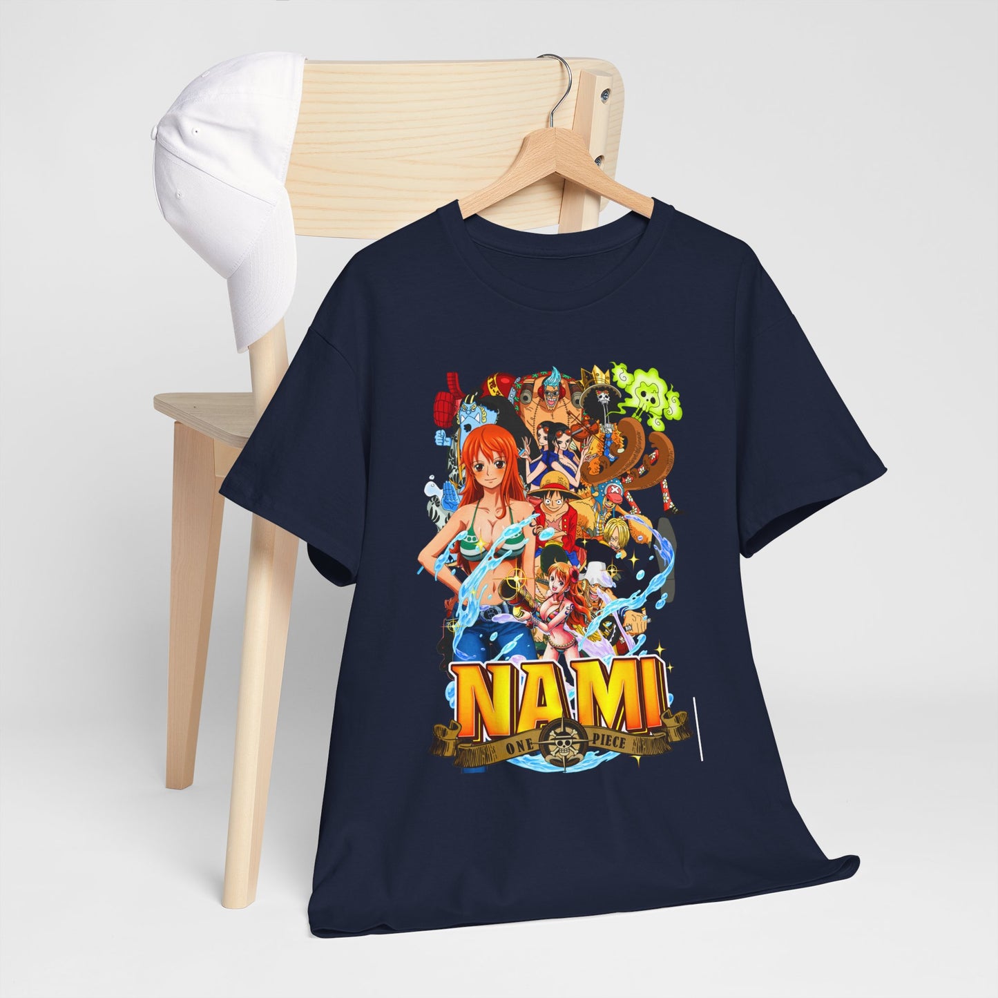 Elegant men's t-shirt featuring a Nami graphic from One Piece, artistically styled next to a cap on a wooden chair, perfect for relaxed settings.