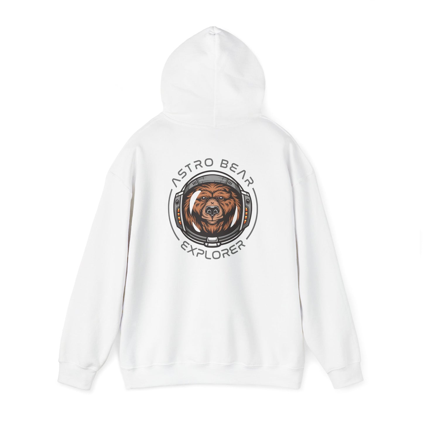 Artful back view of a white hoodie displaying the unique 'ASTRO BEAR' design, exuding adventurous luxury.